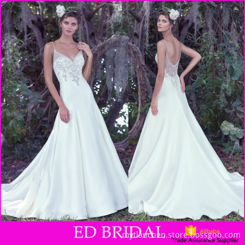 A-line V Neckline Spaghetti Straps Beading Shiny Satin Backless Wedding Dresses Whole Sale China For Sale